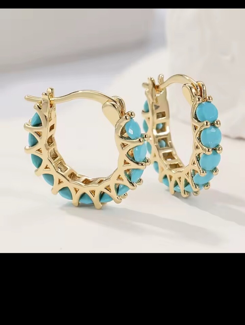 Gold Hoop Earrings with Turquoise Women's New G19 - Picture 2 of 4